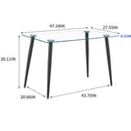 Table de salle à manger Okak pour petit espace, table de salle à manger rectangulaire contemporaine en verre trempé avec pieds en métal pour 4 personnes