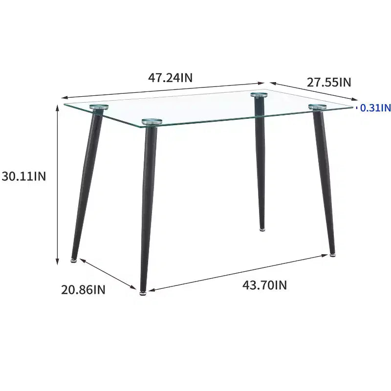 Table de salle à manger Okak pour petit espace, table de salle à manger rectangulaire contemporaine en verre trempé avec pieds en métal pour 4 personnes