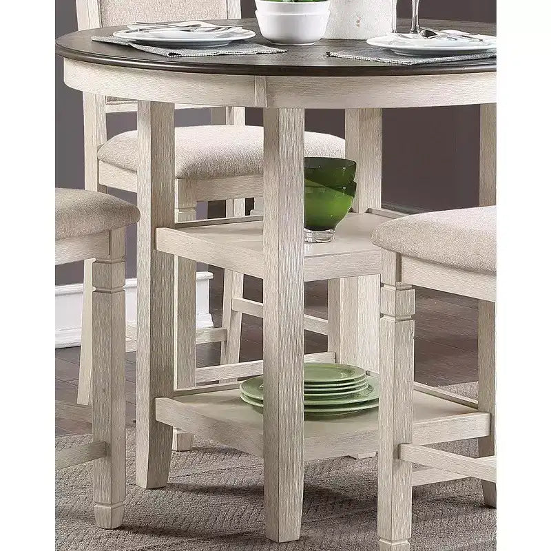 Table à manger ronde Okak de style transitionnel pour petits espaces, table hauteur comptoir avec 2 étagères de rangement pour salon, bureau, cuisine