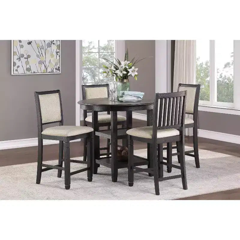Table à manger ronde Okak de style transitionnel pour petits espaces, table hauteur comptoir avec 2 étagères de rangement pour salon, bureau, cuisine