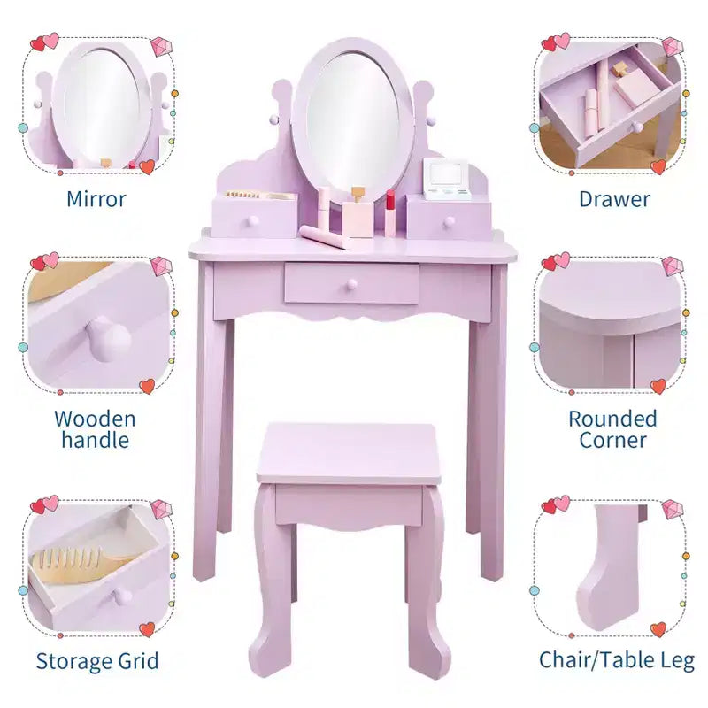 Coiffeuse pour enfants avec miroir, table de maquillage et tabouret, avec ensemble de maquillage en bois pour filles de 4 à 9 ans