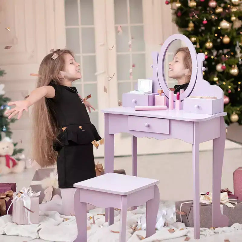 Coiffeuse pour enfants avec miroir, table de maquillage et tabouret, avec ensemble de maquillage en bois pour filles de 4 à 9 ans