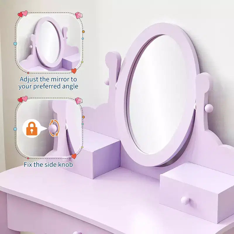 Coiffeuse pour enfants avec miroir, table de maquillage et tabouret, avec ensemble de maquillage en bois pour filles de 4 à 9 ans