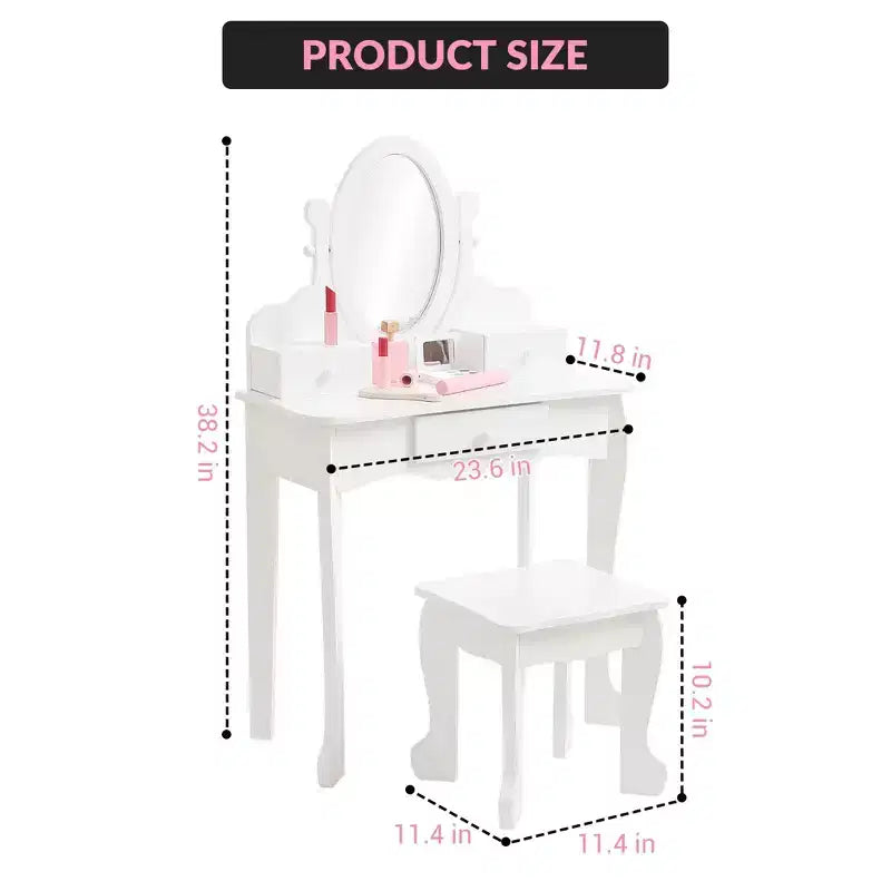 Coiffeuse pour enfants avec miroir, table de maquillage et tabouret, avec ensemble de maquillage en bois pour filles de 4 à 9 ans