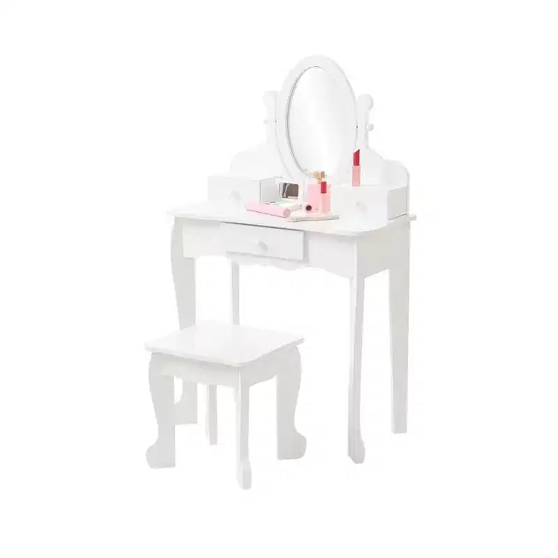 Coiffeuse pour enfants avec miroir, table de maquillage et tabouret, avec ensemble de maquillage en bois pour filles de 4 à 9 ans