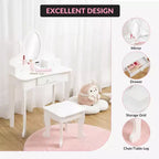 Coiffeuse pour enfants avec miroir, table de maquillage et tabouret, avec ensemble de maquillage en bois pour filles de 4 à 9 ans
