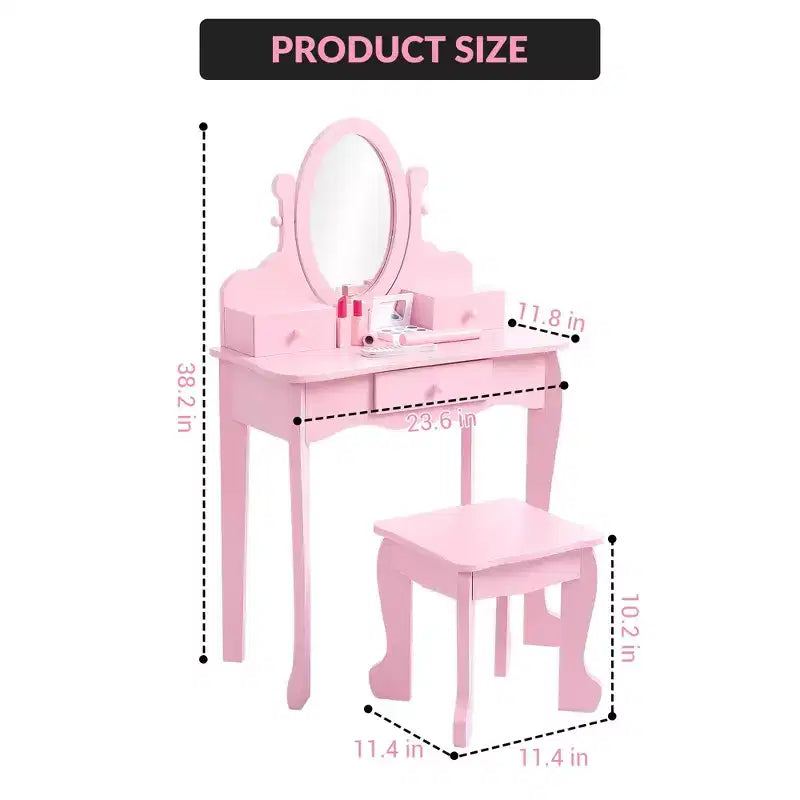 Coiffeuse pour enfants avec miroir, table de maquillage et tabouret, avec ensemble de maquillage en bois pour filles de 4 à 9 ans