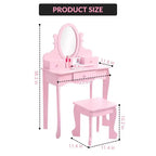 Coiffeuse pour enfants avec miroir, table de maquillage et tabouret, avec ensemble de maquillage en bois pour filles de 4 à 9 ans