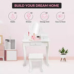 Coiffeuse pour enfants avec miroir, table de maquillage et tabouret, avec ensemble de maquillage en bois pour filles de 4 à 9 ans