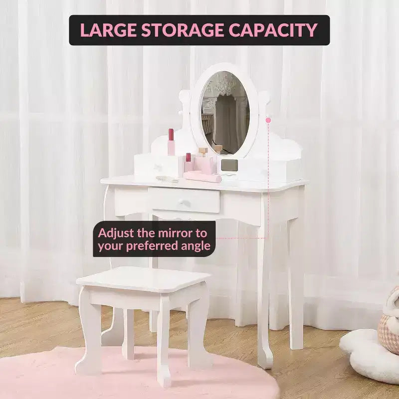 Coiffeuse pour enfants avec miroir, table de maquillage et tabouret, avec ensemble de maquillage en bois pour filles de 4 à 9 ans