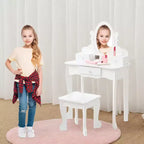 Coiffeuse pour enfants avec miroir, table de maquillage et tabouret, avec ensemble de maquillage en bois pour filles de 4 à 9 ans