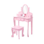 Coiffeuse pour enfants avec miroir, table de maquillage et tabouret, avec ensemble de maquillage en bois pour filles de 4 à 9 ans