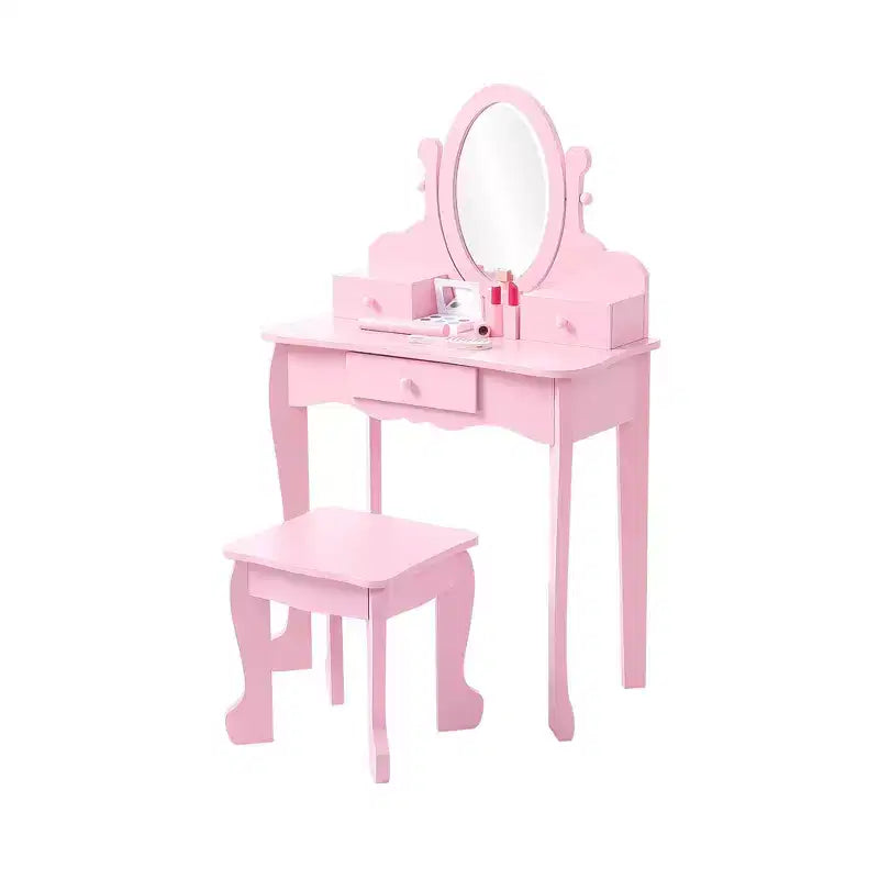 Coiffeuse pour enfants avec miroir, table de maquillage et tabouret, avec ensemble de maquillage en bois pour filles de 4 à 9 ans