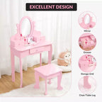 Coiffeuse pour enfants avec miroir, table de maquillage et tabouret, avec ensemble de maquillage en bois pour filles de 4 à 9 ans