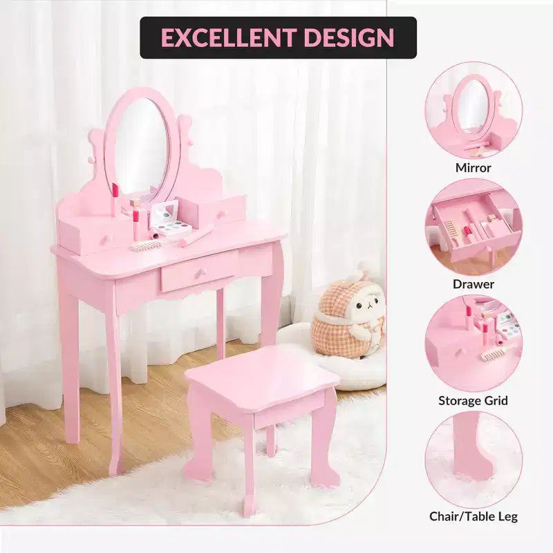 Coiffeuse pour enfants avec miroir, table de maquillage et tabouret, avec ensemble de maquillage en bois pour filles de 4 à 9 ans