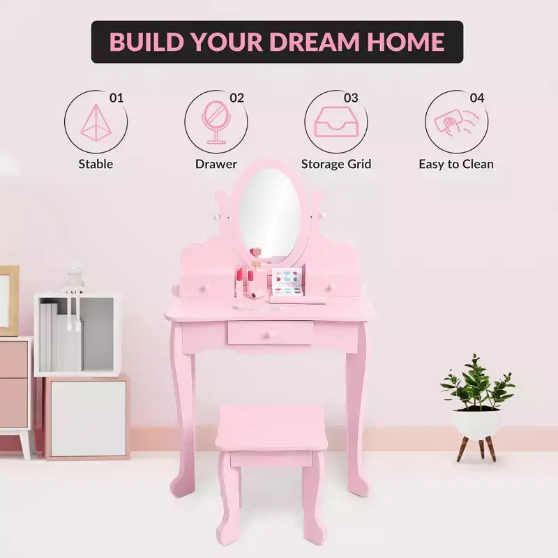 Coiffeuse pour enfants avec miroir, table de maquillage et tabouret, avec ensemble de maquillage en bois pour filles de 4 à 9 ans
