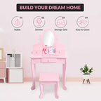 Coiffeuse pour enfants avec miroir, table de maquillage et tabouret, avec ensemble de maquillage en bois pour filles de 4 à 9 ans