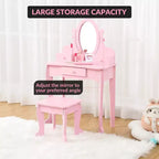 Coiffeuse pour enfants avec miroir, table de maquillage et tabouret, avec ensemble de maquillage en bois pour filles de 4 à 9 ans