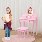 Coiffeuse pour enfants avec miroir, table de maquillage et tabouret, avec ensemble de maquillage en bois pour filles de 4 à 9 ans