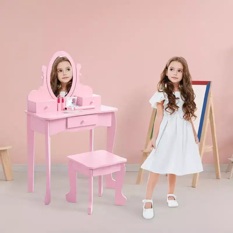 Coiffeuse pour enfants avec miroir, table de maquillage et tabouret, avec ensemble de maquillage en bois pour filles de 4 à 9 ans