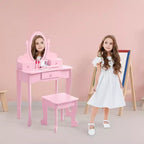 Coiffeuse pour enfants avec miroir, table de maquillage et tabouret, avec ensemble de maquillage en bois pour filles de 4 à 9 ans