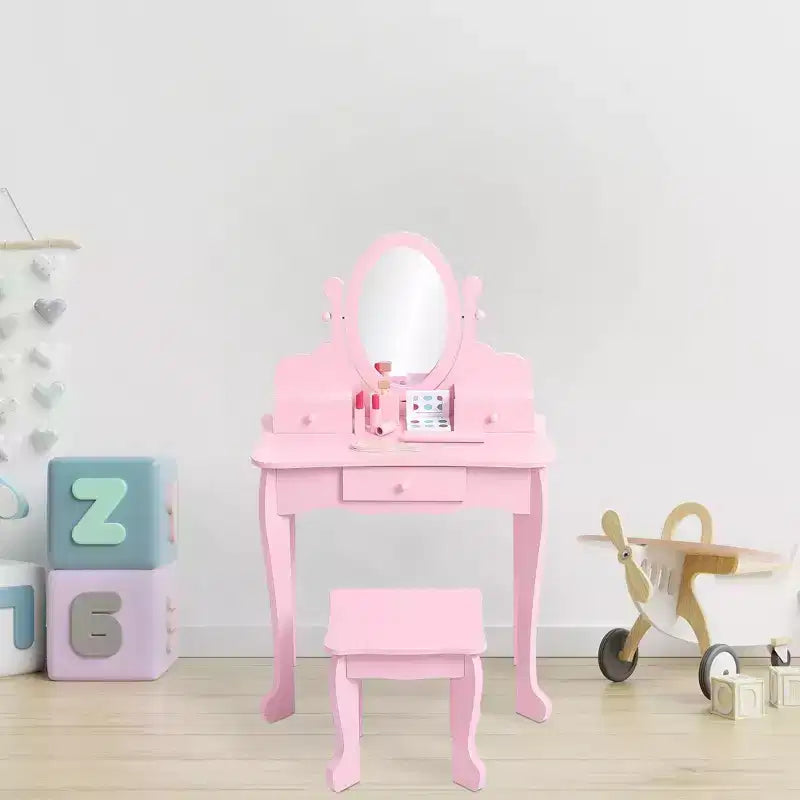 Kids' Vanity Set with Mirror, Makeup Table and Stool Vanity Desk and Chair with Wood Makeup Playset for 4-9 Girls