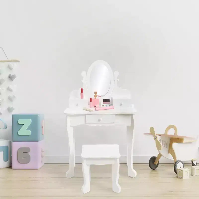 Coiffeuse pour enfants avec miroir, table de maquillage et tabouret, avec ensemble de maquillage en bois pour filles de 4 à 9 ans