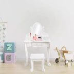 Coiffeuse pour enfants avec miroir, table de maquillage et tabouret, avec ensemble de maquillage en bois pour filles de 4 à 9 ans