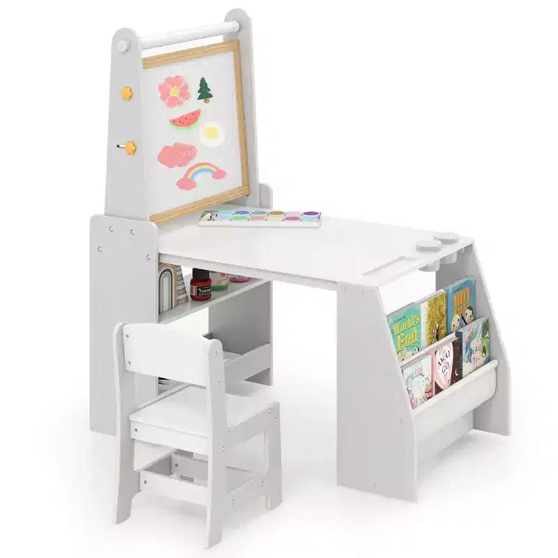 Costway Table et Chaise pour Enfants avec Chevalet, Tableau Blanc, Tableau Noir et Rouleau de Papier