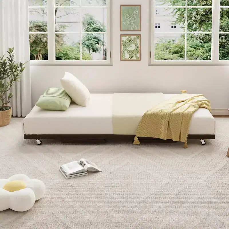 Cadre de lit gigogne double - Plateforme métallique relevable avec roulettes verrouillables, conception pliable pour chambres d'amis et soirées pyjama