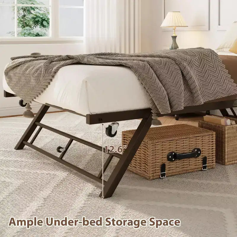 Cadre de lit gigogne double - Plateforme métallique relevable avec roulettes verrouillables, conception pliable pour chambres d'amis et soirées pyjama