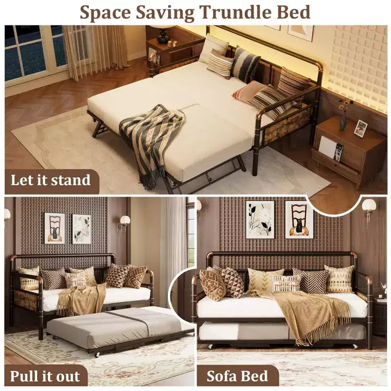 Cadre de lit gigogne double - Plateforme métallique relevable avec roulettes verrouillables, conception pliable pour chambres d'amis et soirées pyjama