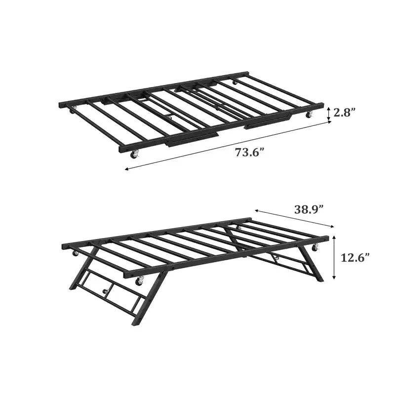 Cadre de lit gigogne double - Plateforme métallique relevable avec roulettes verrouillables, conception pliable pour chambres d'amis et soirées pyjama