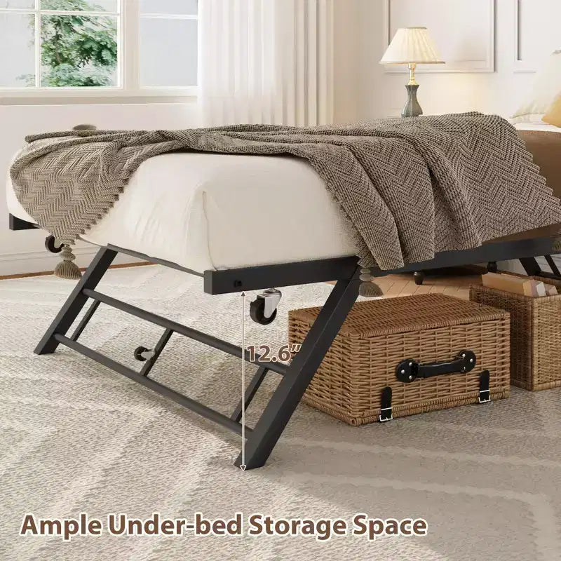 Cadre de lit gigogne double - Plateforme métallique relevable avec roulettes verrouillables, conception pliable pour chambres d'amis et soirées pyjama