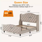Lit plateforme capitonné en velours de taille Queen avec tête de lit à oreilles - Support à lattes en bois, pas besoin de sommier, lit rembourré beige