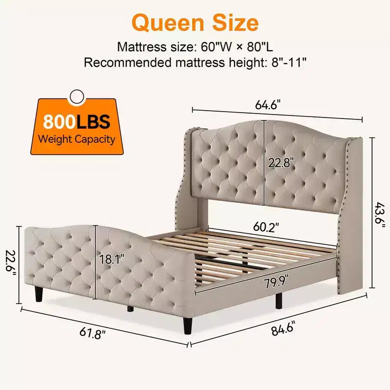 Lit plateforme capitonné en velours de taille Queen avec tête de lit à oreilles - Support à lattes en bois, pas besoin de sommier, lit rembourré beige