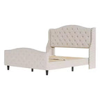 Lit plateforme capitonné en velours de taille Queen avec tête de lit à oreilles - Support à lattes en bois, pas besoin de sommier, lit rembourré beige
