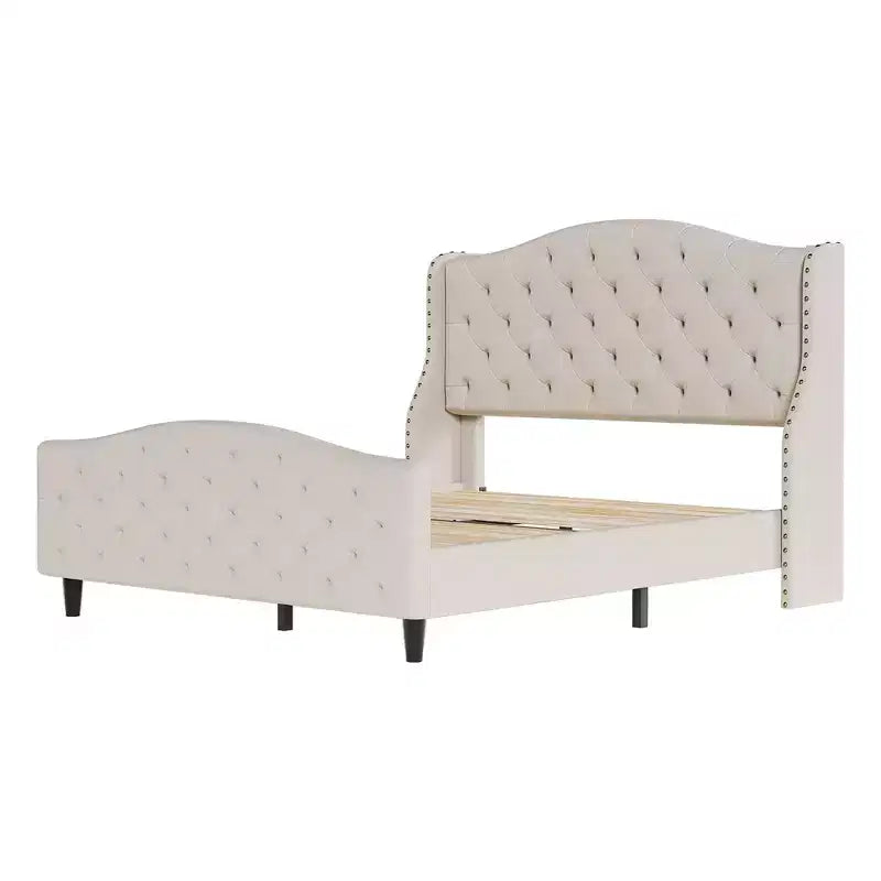 Lit plateforme capitonné en velours de taille Queen avec tête de lit à oreilles - Support à lattes en bois, pas besoin de sommier, lit rembourré beige