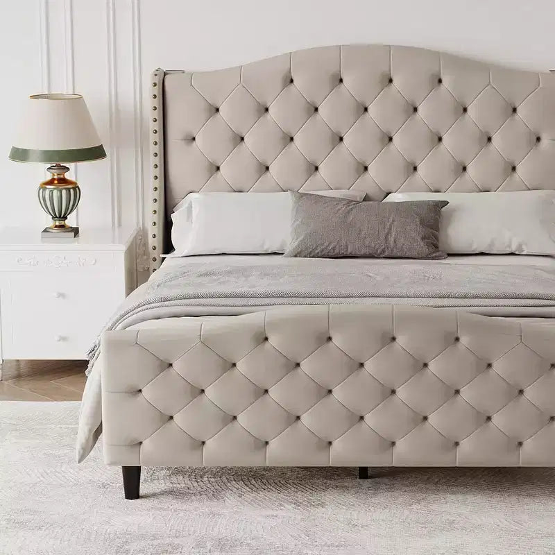 Lit plateforme capitonné en velours de taille Queen avec tête de lit à oreilles - Support à lattes en bois, pas besoin de sommier, lit rembourré beige
