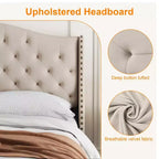 Lit plateforme capitonné en velours de taille Queen avec tête de lit à oreilles - Support à lattes en bois, pas besoin de sommier, lit rembourré beige