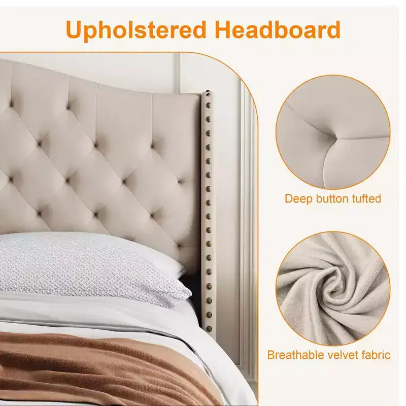 Lit plateforme capitonné en velours de taille Queen avec tête de lit à oreilles - Support à lattes en bois, pas besoin de sommier, lit rembourré beige