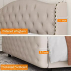 Lit plateforme capitonné en velours de taille Queen avec tête de lit à oreilles - Support à lattes en bois, pas besoin de sommier, lit rembourré beige