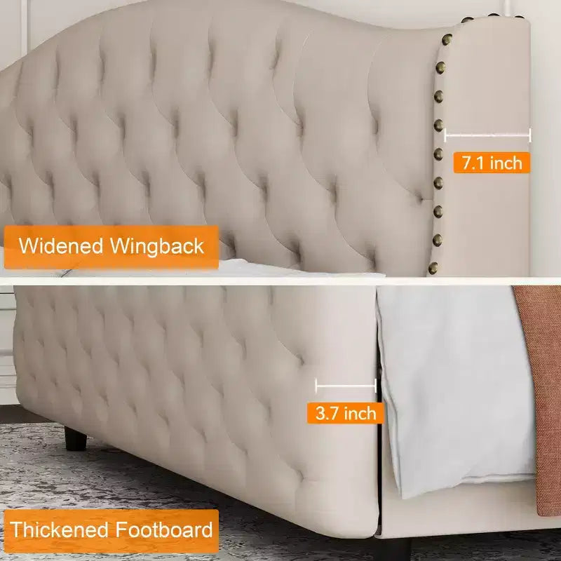 Lit plateforme capitonné en velours de taille Queen avec tête de lit à oreilles - Support à lattes en bois, pas besoin de sommier, lit rembourré beige