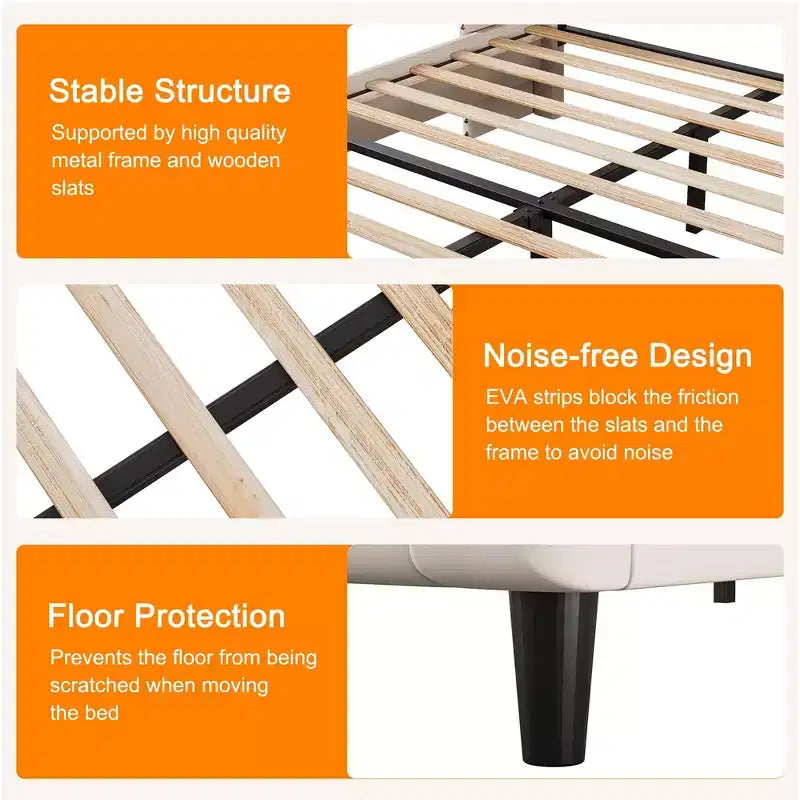Lit plateforme capitonné en velours de taille Queen avec tête de lit à oreilles - Support à lattes en bois, pas besoin de sommier, lit rembourré beige