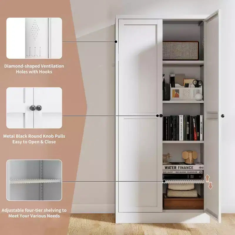 Armoire de cuisine autoportante Okak 61, rangement réglable avec 4 étagères, placard en métal robuste pour salle à manger/salon