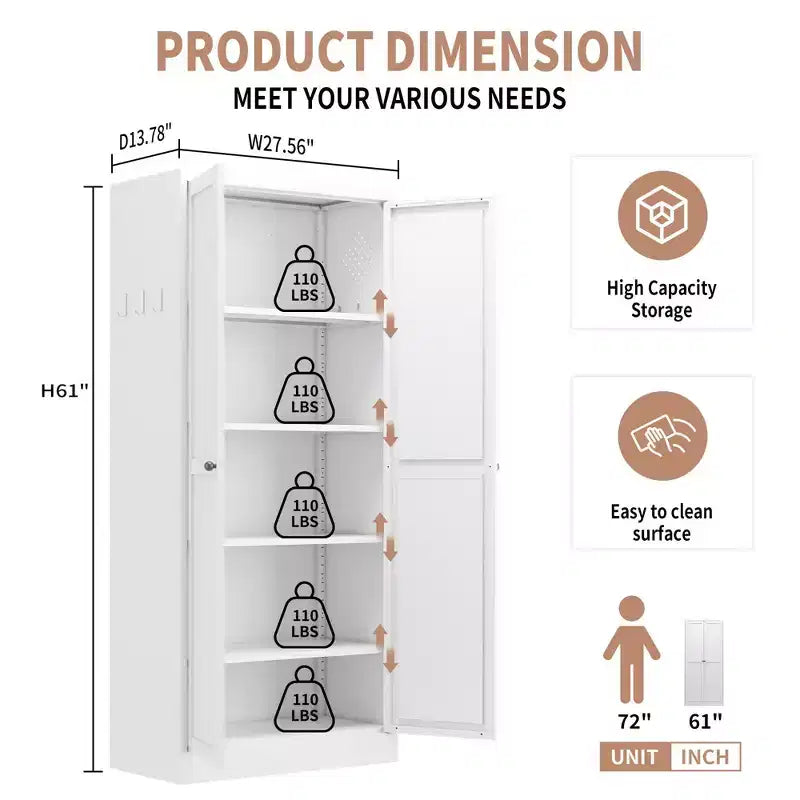 Armoire de cuisine autoportante Okak 61, rangement réglable avec 4 étagères, placard en métal robuste pour salle à manger/salon