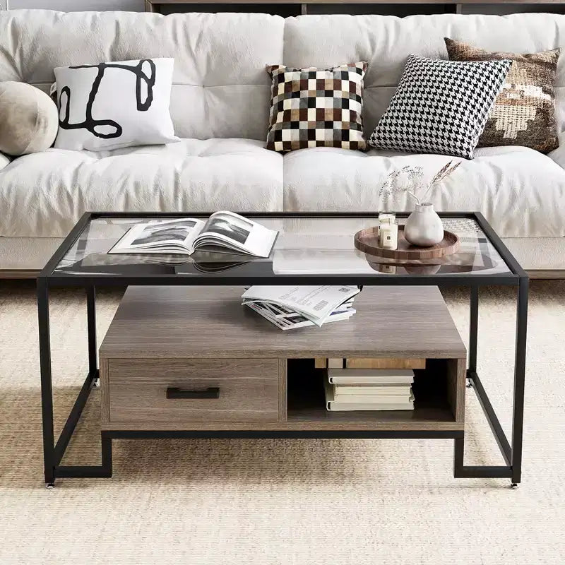 Table basse rectangulaire en verre avec 2 tiroirs et étagère de rangement Table basse vintage pour le salon