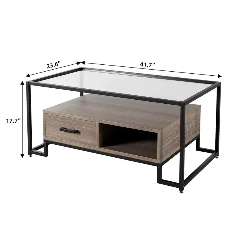 Table basse rectangulaire en verre avec 2 tiroirs et étagère de rangement Table basse vintage pour le salon