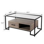 Table basse rectangulaire en verre avec 2 tiroirs et étagère de rangement Table basse vintage pour le salon