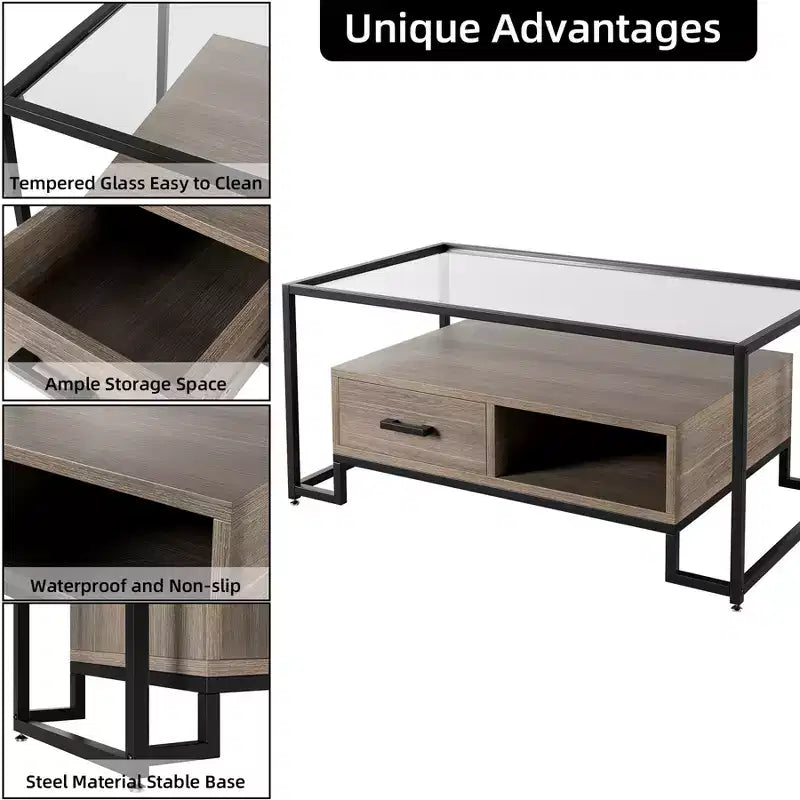 Table basse rectangulaire en verre avec 2 tiroirs et étagère de rangement Table basse vintage pour le salon
